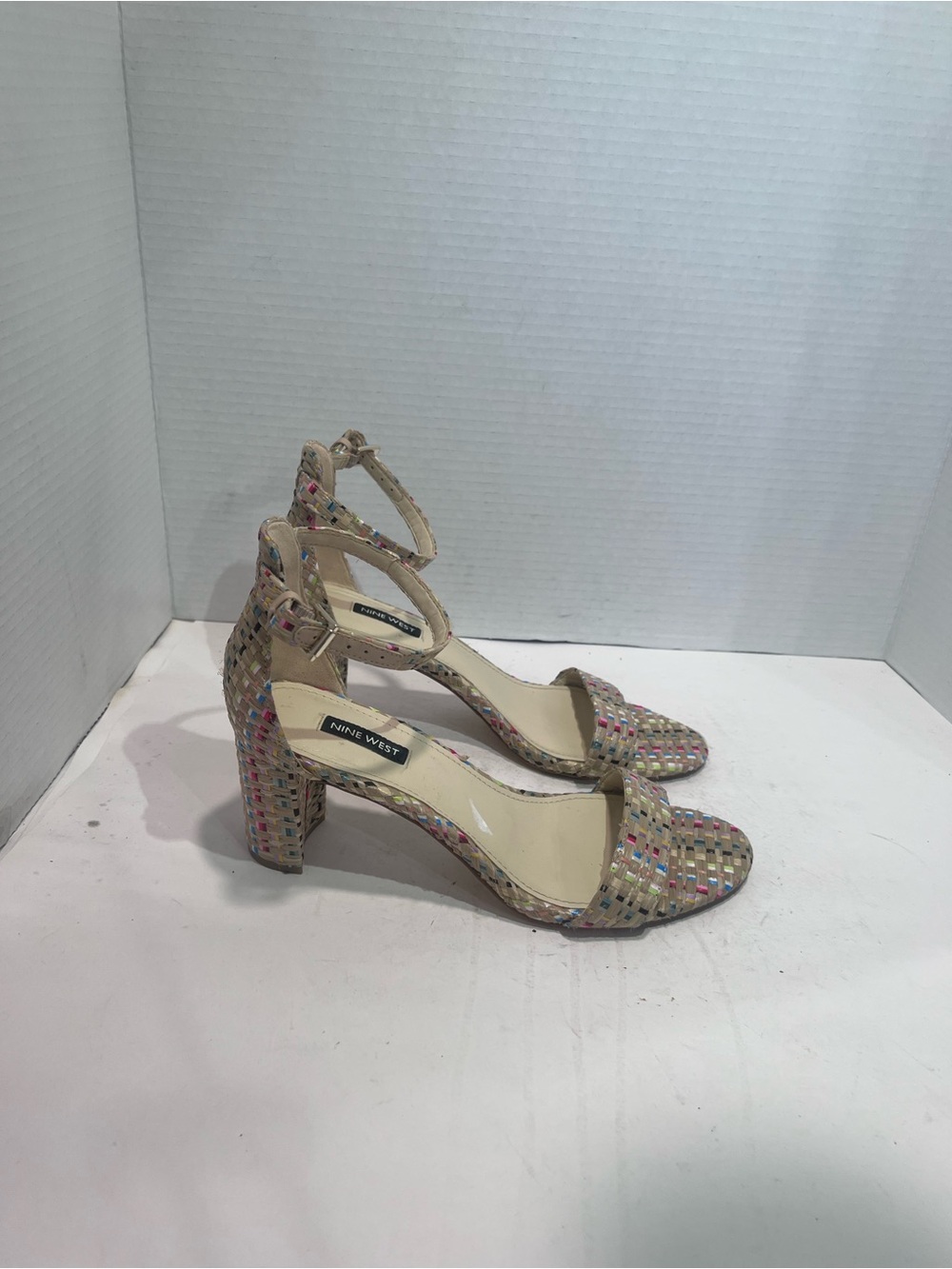 Nine West Beige Woven Multicolor Block Heel Sandals